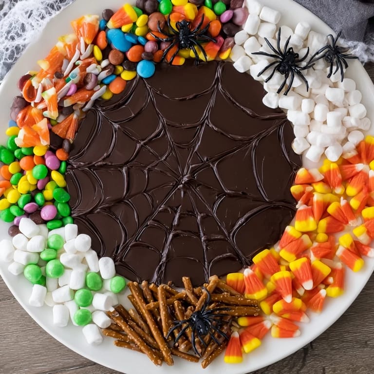 A spooky Spiderweb Candy Platter, featuring gummy worms and chocolate, ready to be enjoyed.
