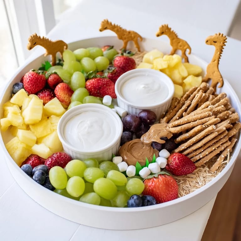 Enjoy a creative Animal Cracker Safari Board: animal crackers, fresh fruit, and tasty dips for delightful snacking.
