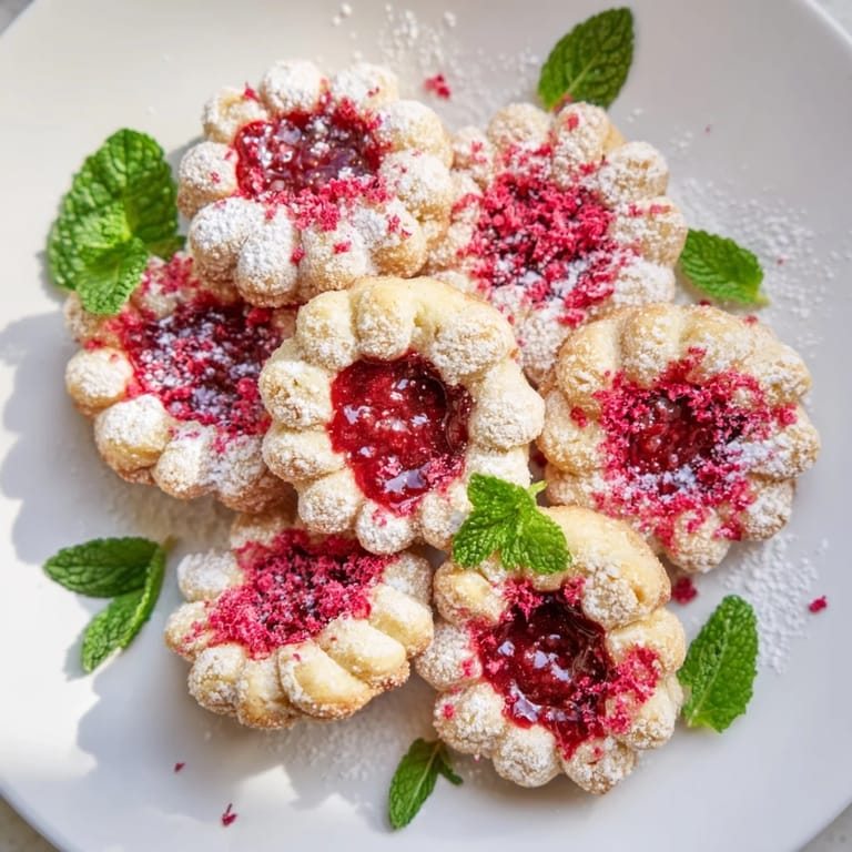 A beautiful, festive Sweet Wreath cookie platter showcases delicate cookies filled with bright raspberry jam.