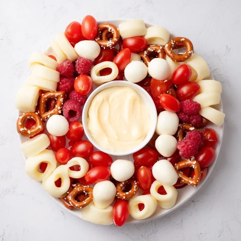 A beautiful Candy Cane Snack Board with candy canes and fresh fruit arranged for a delicious holiday appetizer.