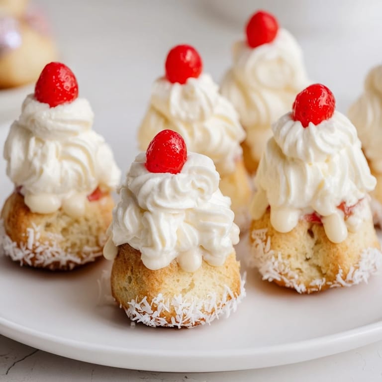 Golden-brown Santa Hat Bread Pudding Bites, featuring a luscious strawberry and fluffy topping.