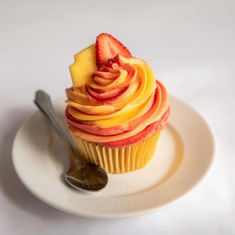 Fresh mango and strawberry adorn the beautiful Mango Strawberry Sunset Cupcakes, a summer dessert.