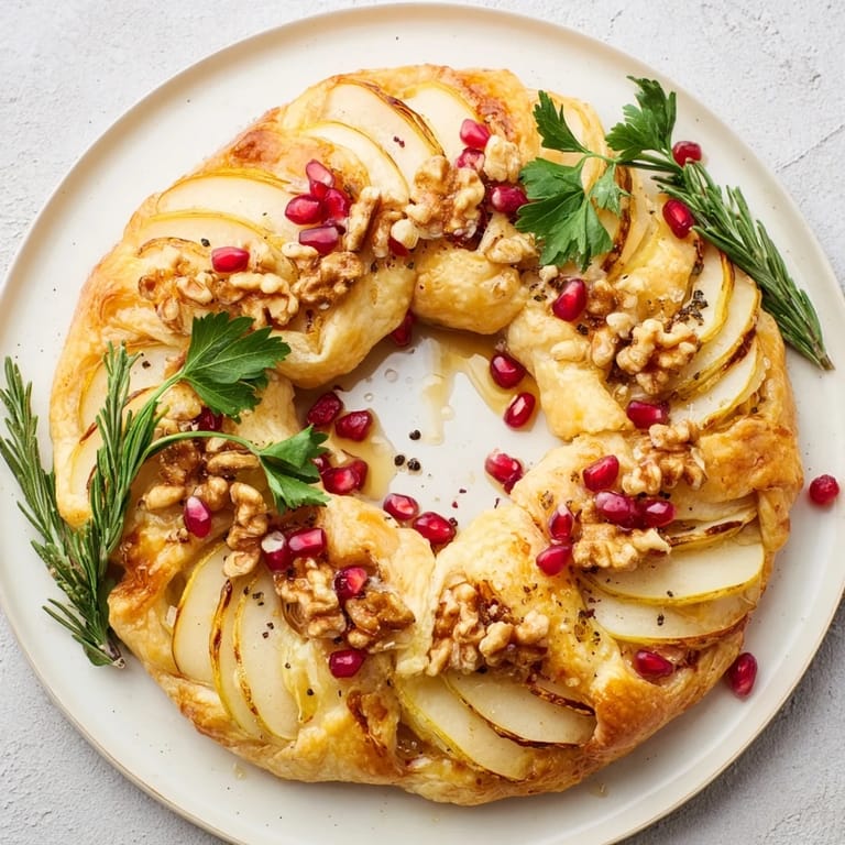 Warm, creamy Pomegranate and Brie Wreath, a festive holiday appetizer with flaky pastry and drizzled honey.