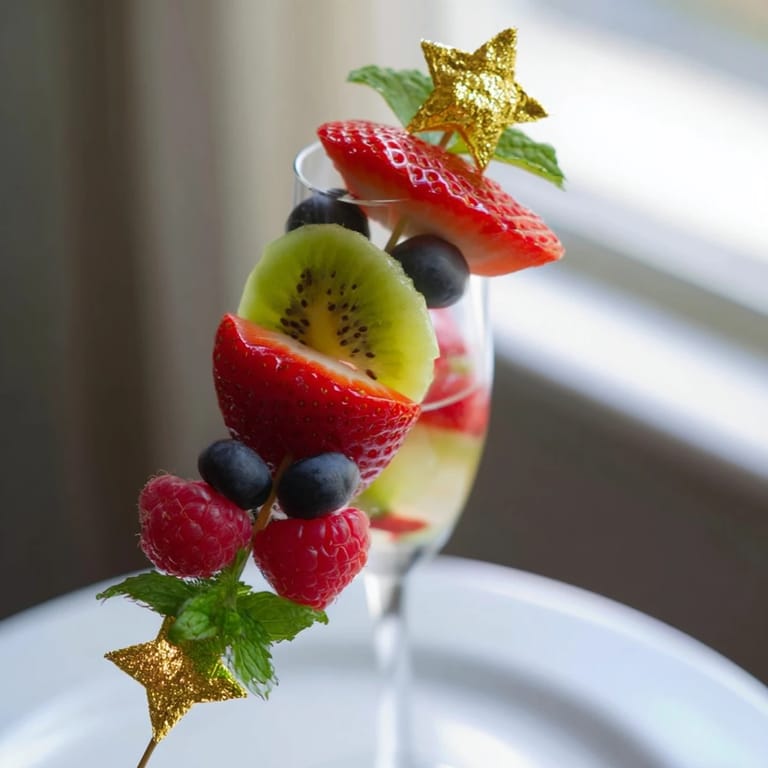 Festive champagne flute fruit garnishes with gold leaf adding sparkle, ideal for a New Year's toast.