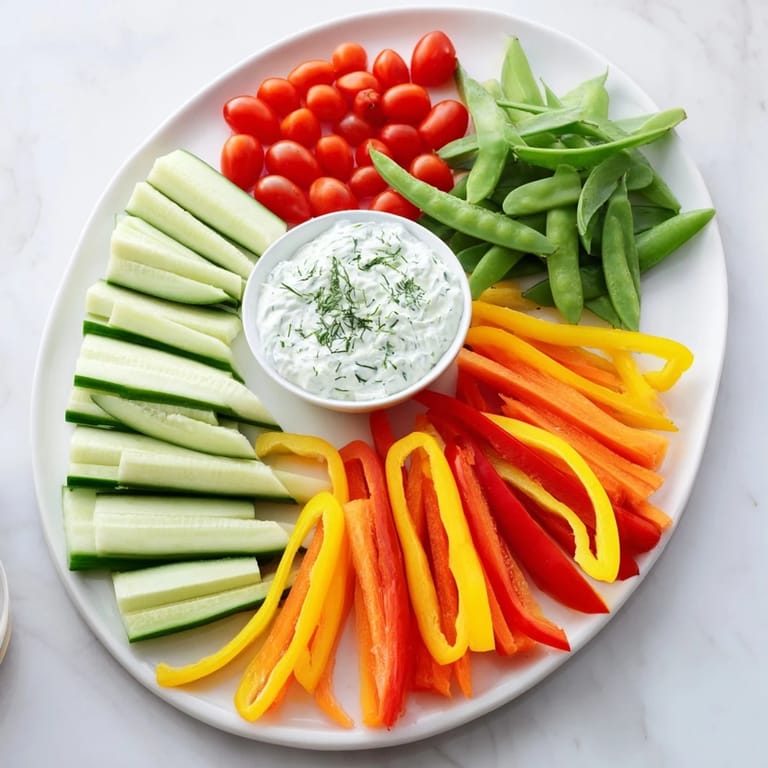 Freshly prepared Veggie Platter: cucumber and carrot fan, with refreshing yogurt dip, a healthy appetizer.