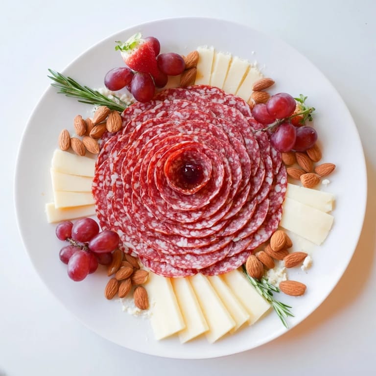 A single-serving Easy Charcuterie board with a salami rose and ripe strawberries, ready to enjoy.