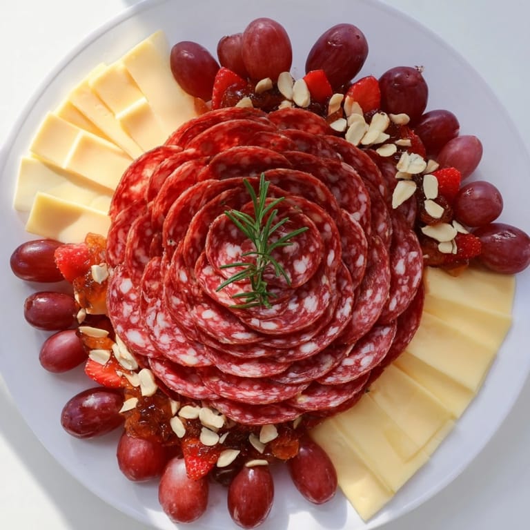 Close-up of an artfully arranged Easy Charcuterie board, showcasing a salami rose and other tasty treats.
