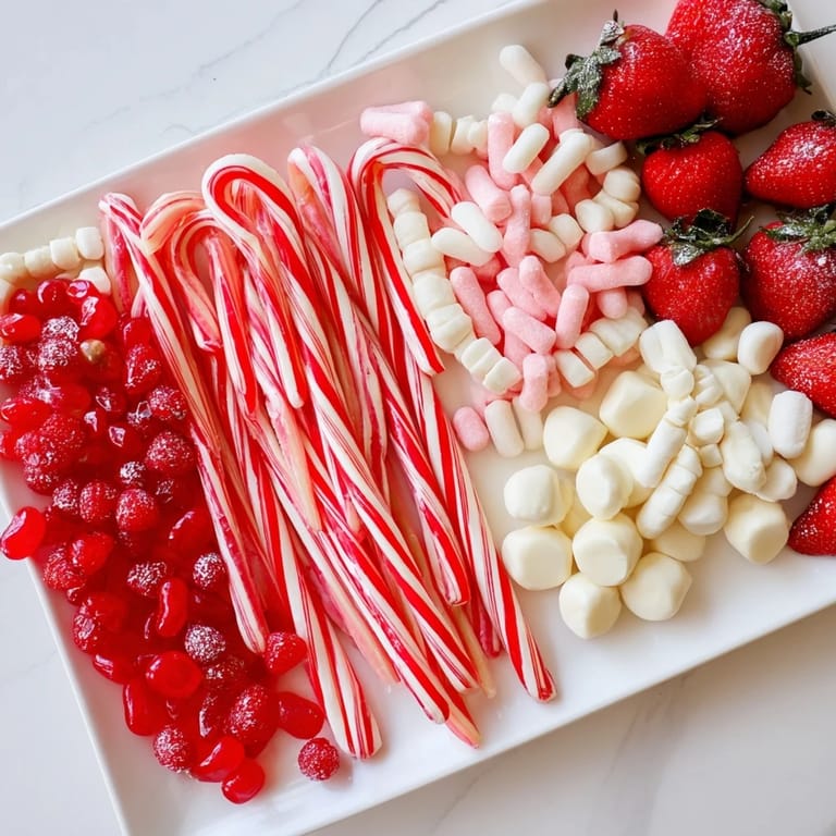 A festive and eye-catching dessert board featuring an array of red and white candies and sweet treats, perfect for holiday gatherings or celebratory occasions.