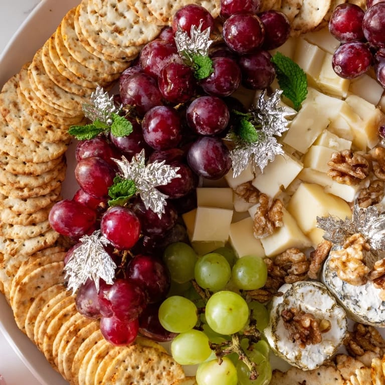 Close-up of a delicious Sparkling Grape and Silver Cracker Platter with cheese, grapes, and walnuts.
