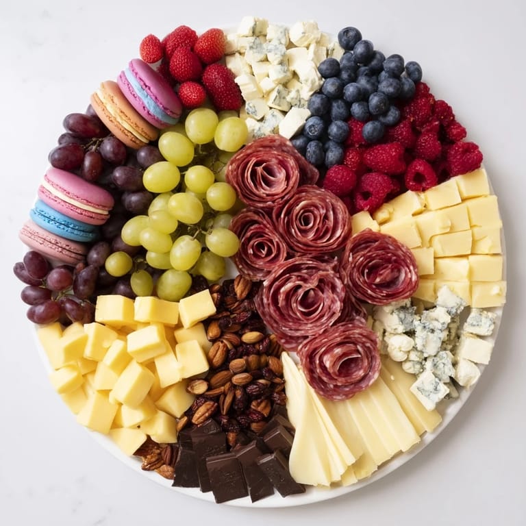 A visually stunning Nutcracker Suite Board showcasing vibrant cheeses, salami, grapes, and crackers, beautifully arranged.