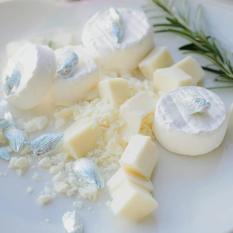 Elegant Winter Wonderland Platter with rosemary sprigs and edible silver flakes offers an inviting assortment for the holidays.