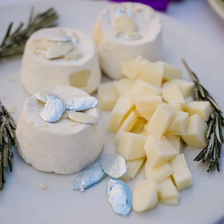 This Winter Wonderland Platter presents a beautiful spread with creamy cheeses, gluten-free crackers, and sugared almonds.