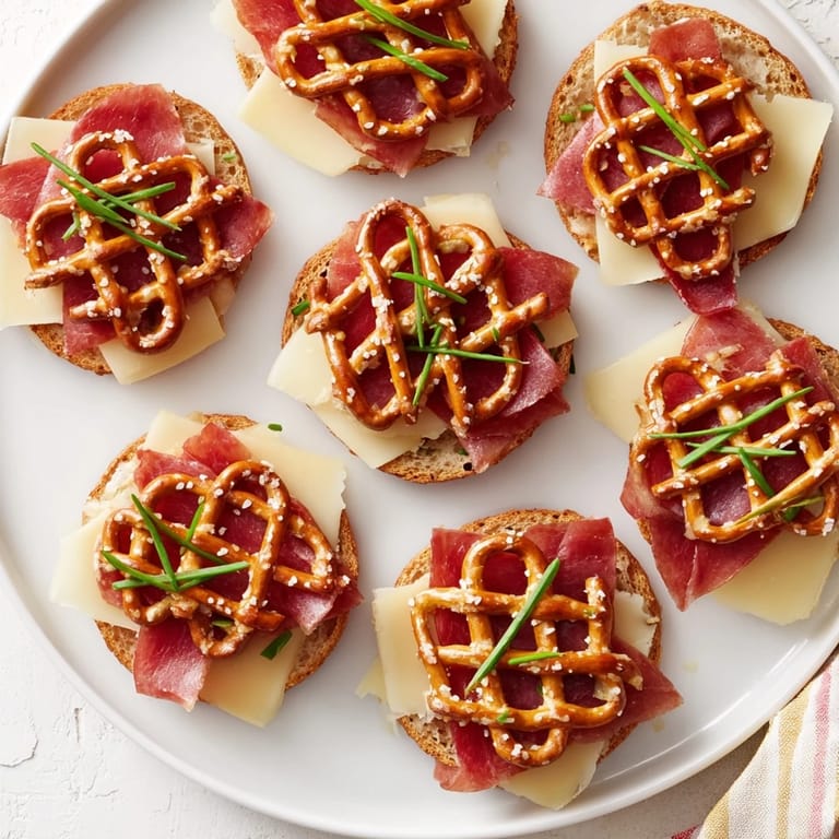 Golden pretzel lattice tops the layers of meats and cheeses in this impressive Lattice Window.