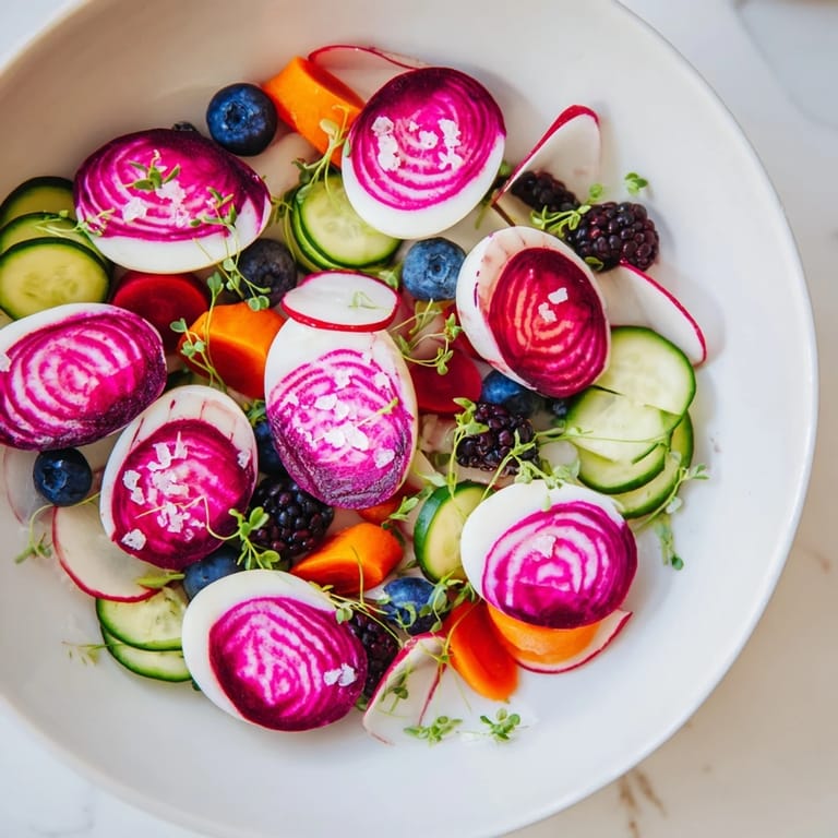 Visually appealing The Neon Night appetizer board featuring beet-dyed eggs beside colorful fruits and veggies.