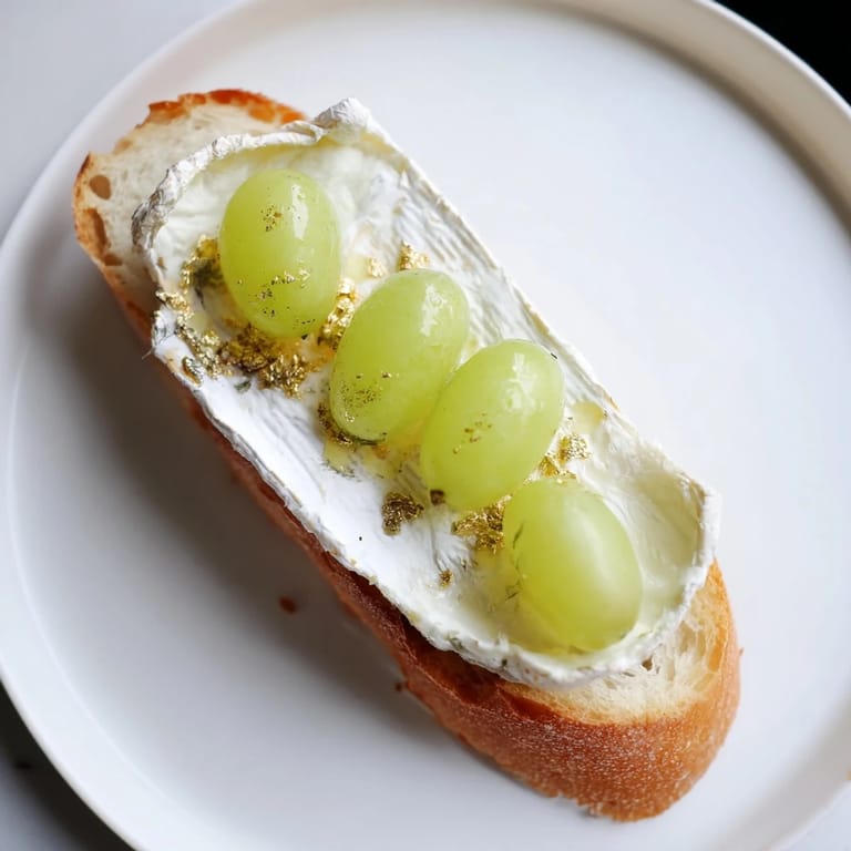Elegant sparkling Champagne toasts, showing creamy cheese, glistening grapes, perfect for a party appetizer.
