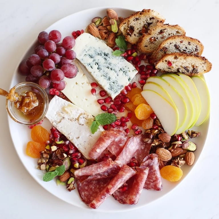 Vibrant Pomegranate Jewel Cascade appetizer, a Mediterranean-inspired cheese board loaded with fresh fruit and nuts.