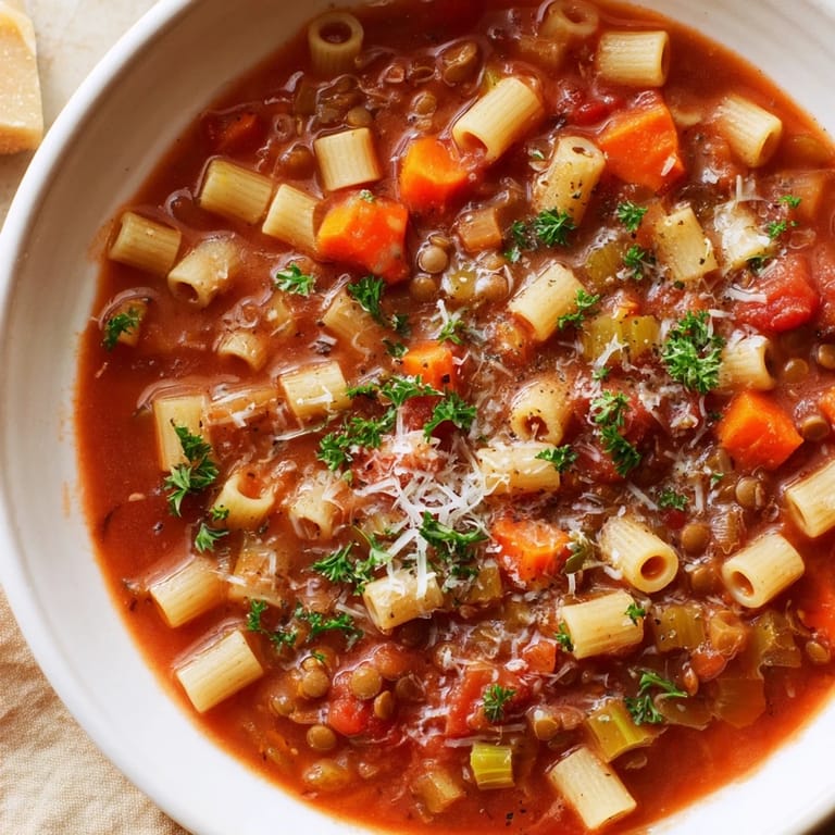 Close-up of savory Ditalini and Lentil Soup, garnished with fresh parsley and ready to eat.