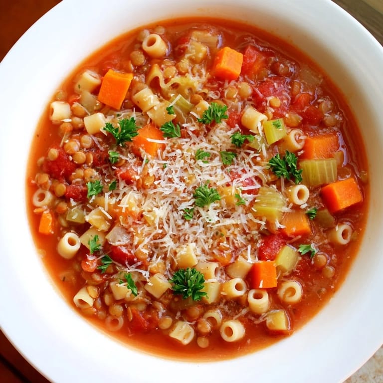 Warm and comforting Ditalini and Lentil Soup, full of tender lentils and small pasta swirls.