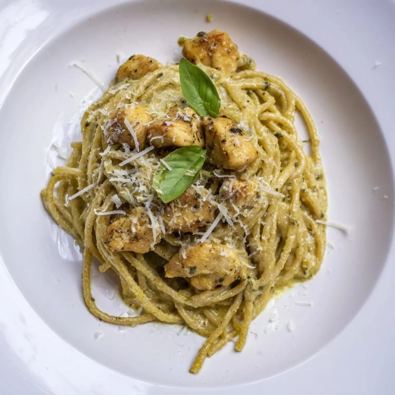 Up-close shot of pesto egg and chicken pasta, showcasing perfectly cooked eggs and pasta.