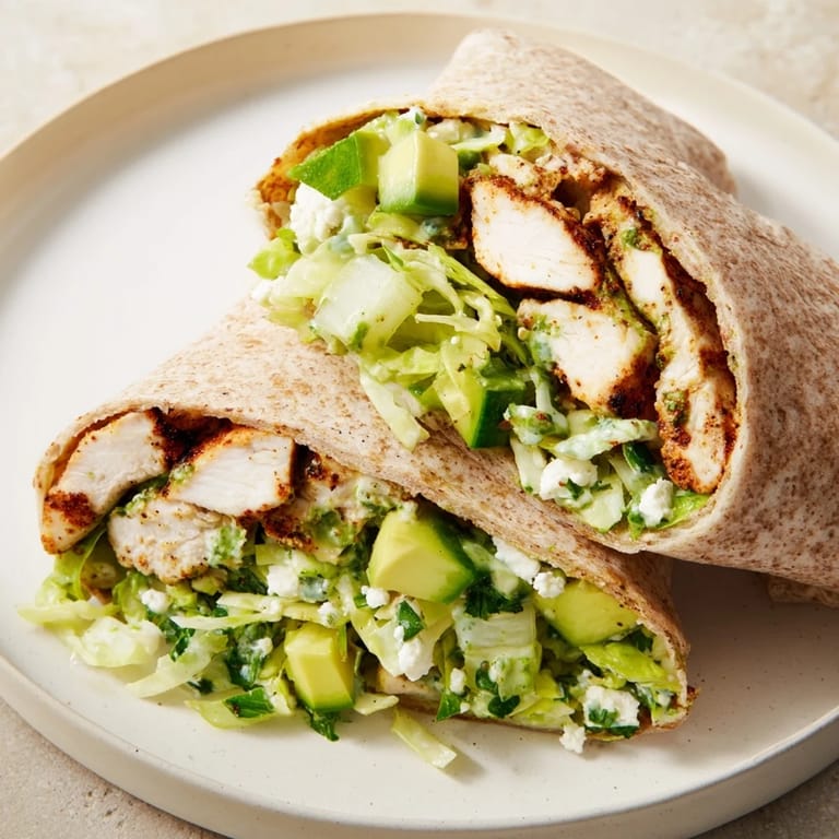 Delicious Green Goddess Chicken Wraps ready to eat, with a close-up of the flavorful, colorful filling.
