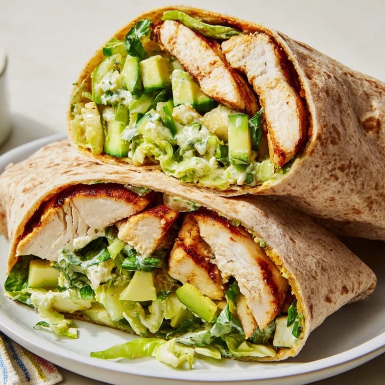 A plate of Green Goddess Chicken Wraps, featuring sliced chicken and veggies bursting from the tortillas, ready to savor.
