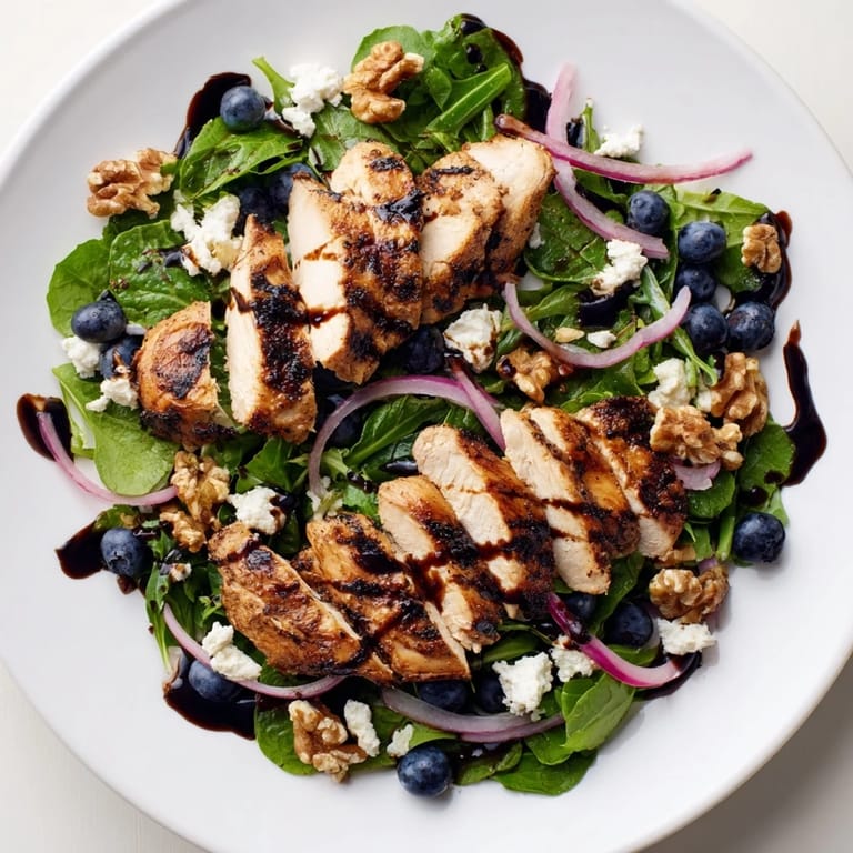 This colorful blueberry goat cheese chicken salad includes tender chicken and a sweet balsamic glaze.