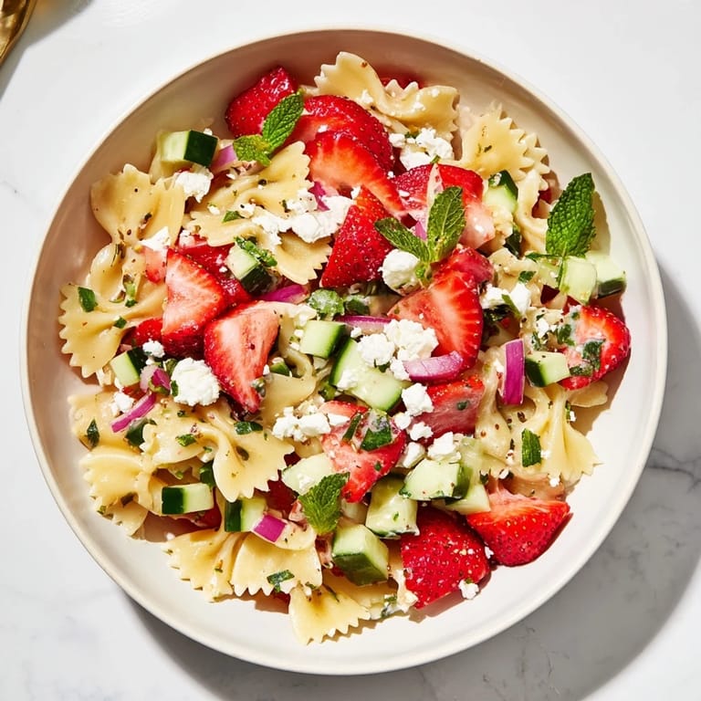 Cool, creamy Strawberry Feta Pasta salad, featuring fresh herbs and crumbled feta cheese ready to eat.