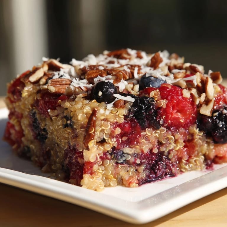 A baked, wholesome Berry Quinoa Breakfast Bake, gently spiced, featuring beautiful, juicy mixed berries.