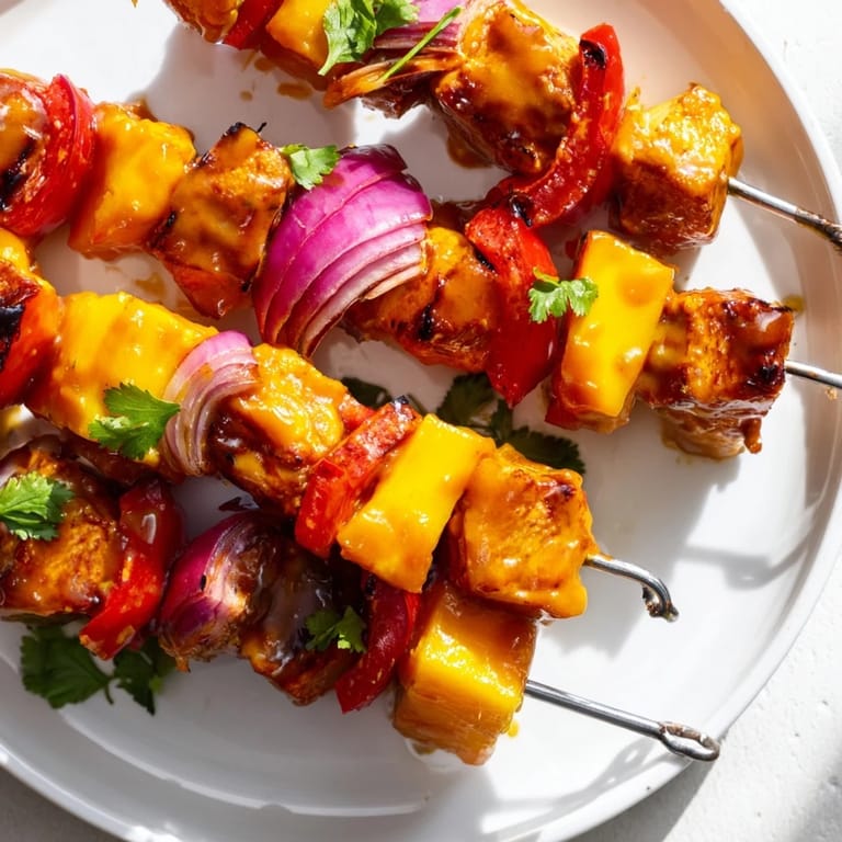 Vibrant skewers of Mango Lime Chicken, with grilled peppers and onions, offering a tropical bite.
