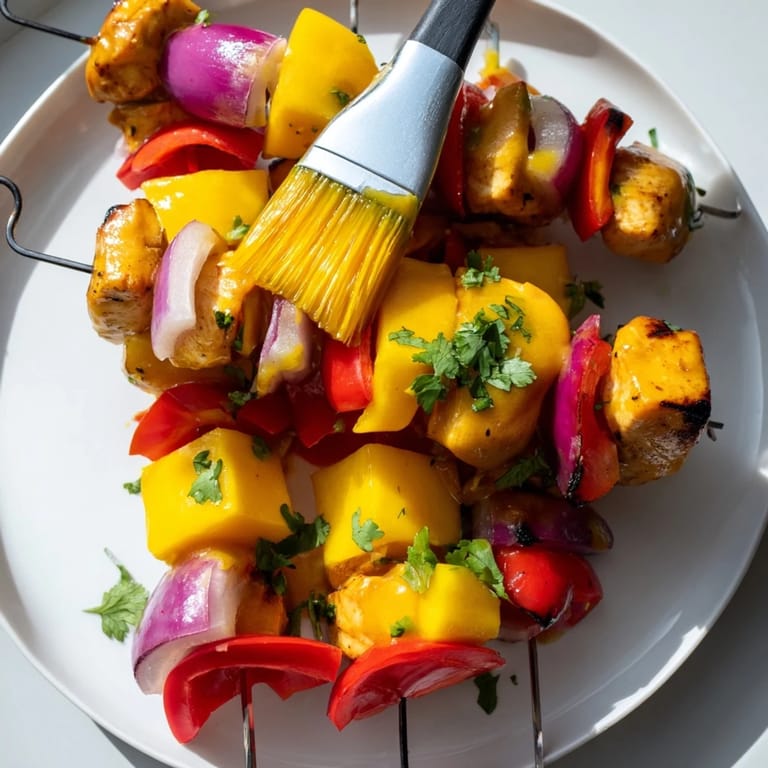 Marinated Mango Lime Chicken Skewers: tender chicken and colorful vegetables, perfect for summer grilling.