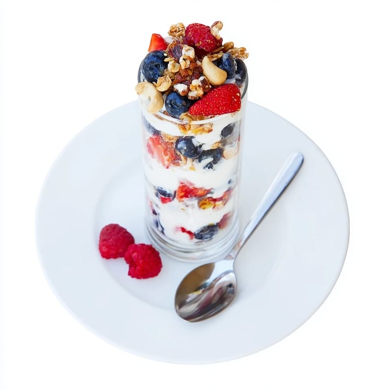 Creamy Cashew Butter Yogurt Parfait: a beautiful layered breakfast with fresh fruit and nuts.