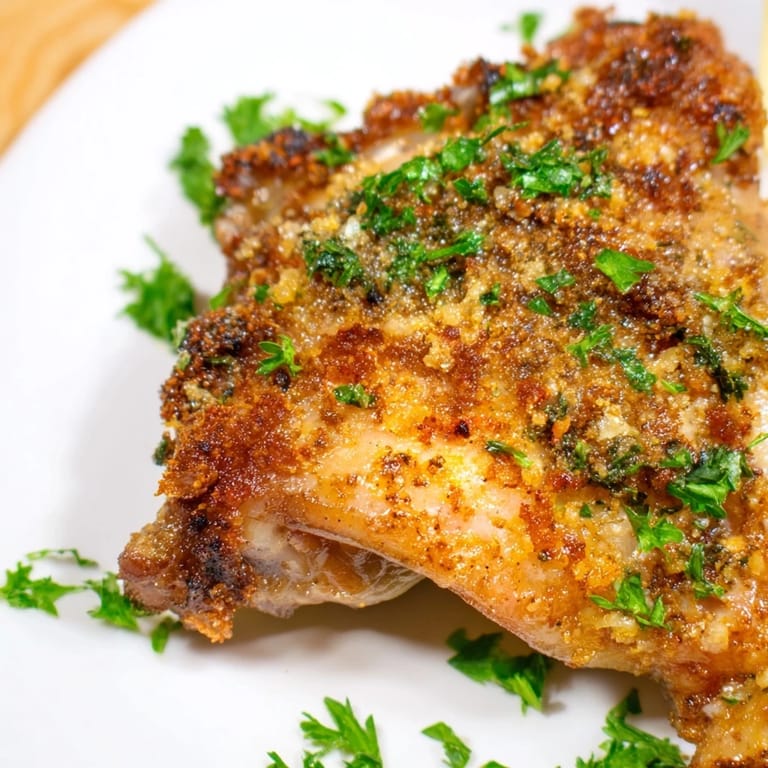 Sizzling crispy garlic chicken thighs, showcasing a beautiful, golden, and flavorful crust, ready to enjoy.