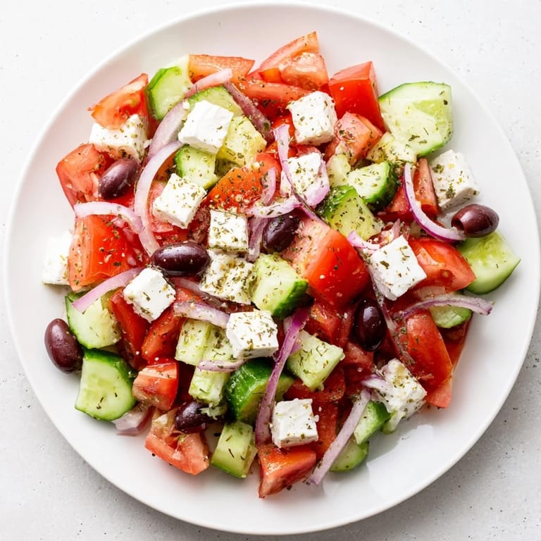 Close-up of a colorful and refreshing Mediterranean Salad, ready to serve with crusty bread.