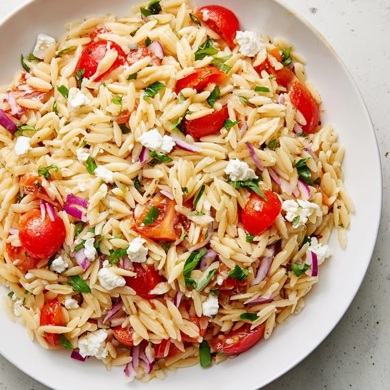 Delicious Tomato Feta Orzo pasta salad, perfect for a picnic, with bright cherry tomatoes and crumbled feta.