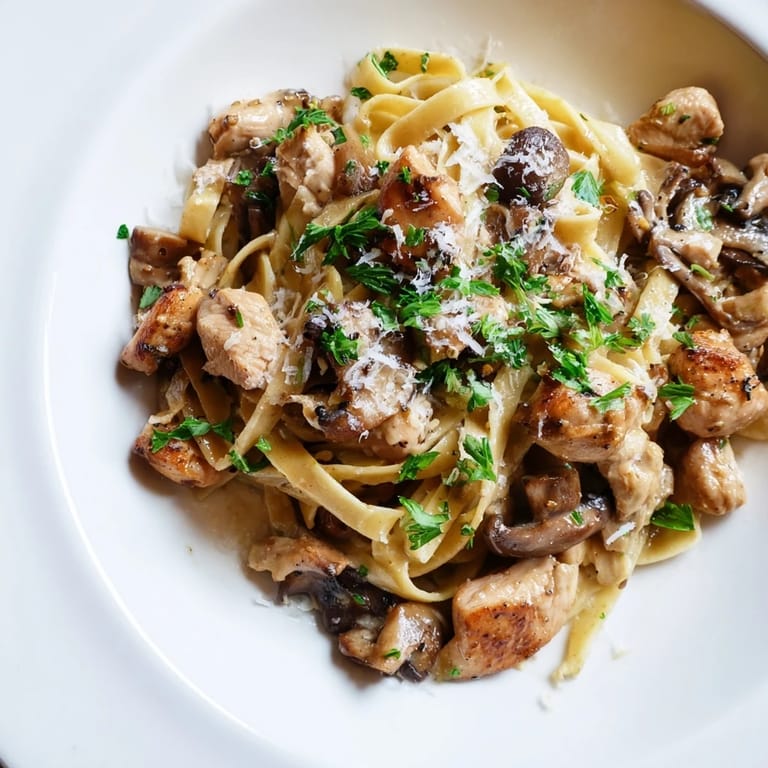 Vibrant photo: Hot, freshly plated Creamy Mushroom Chicken Pasta topped with parsley and Parmesan cheese.