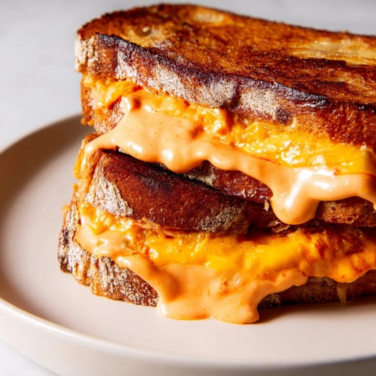 A warm and melty Spiked Grilled Cheese sandwich, promising a delicious, spicy, and cheesy bite.