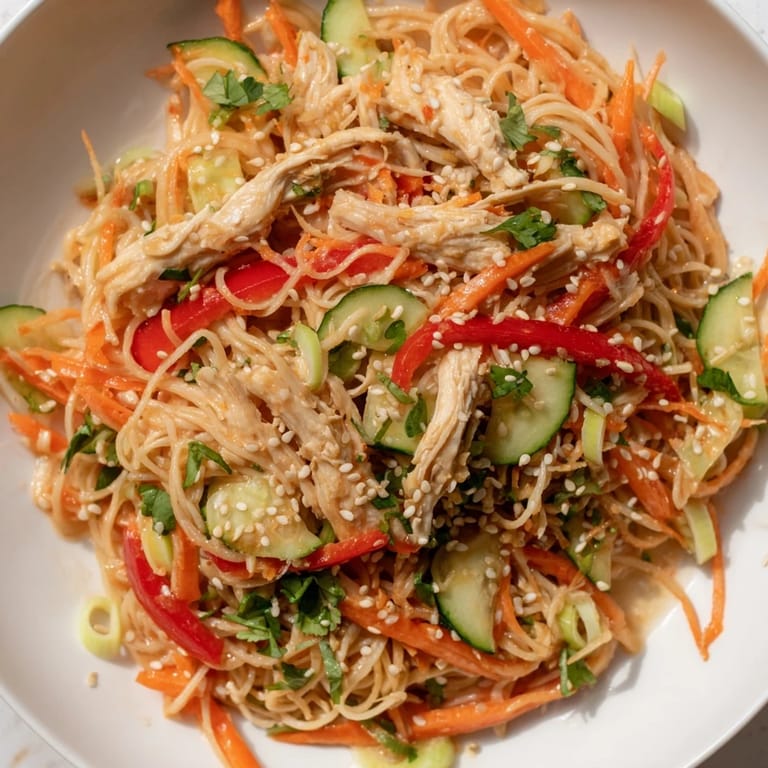 Perfect for lunch, enjoy this chilled Chicken Noodle Salad with colorful veggies and toasted sesame seeds.