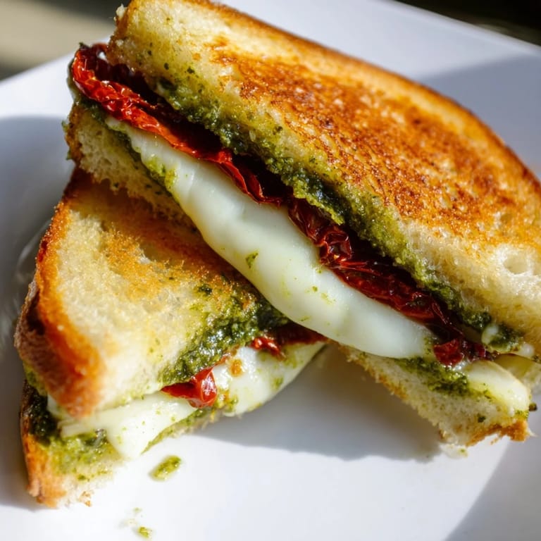 A close-up of a delightful Pesto Grilled Cheese, a perfect blend of Italian flavors and textures.