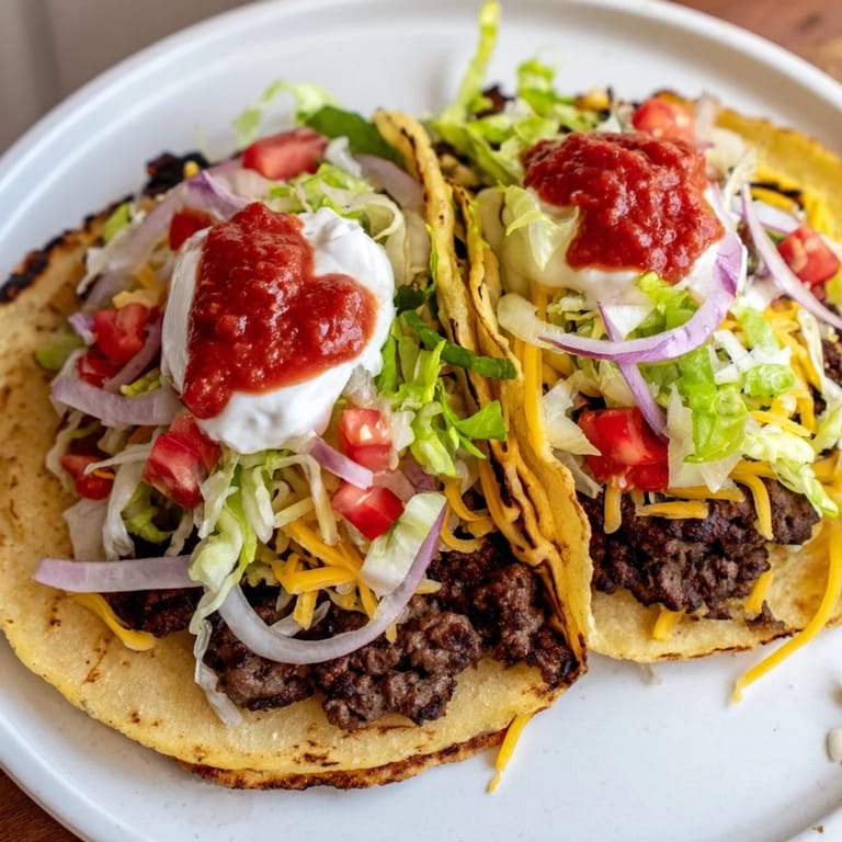Deliciously stacked Crispy Smash Tacos bursting with textures next to fresh ingredients.