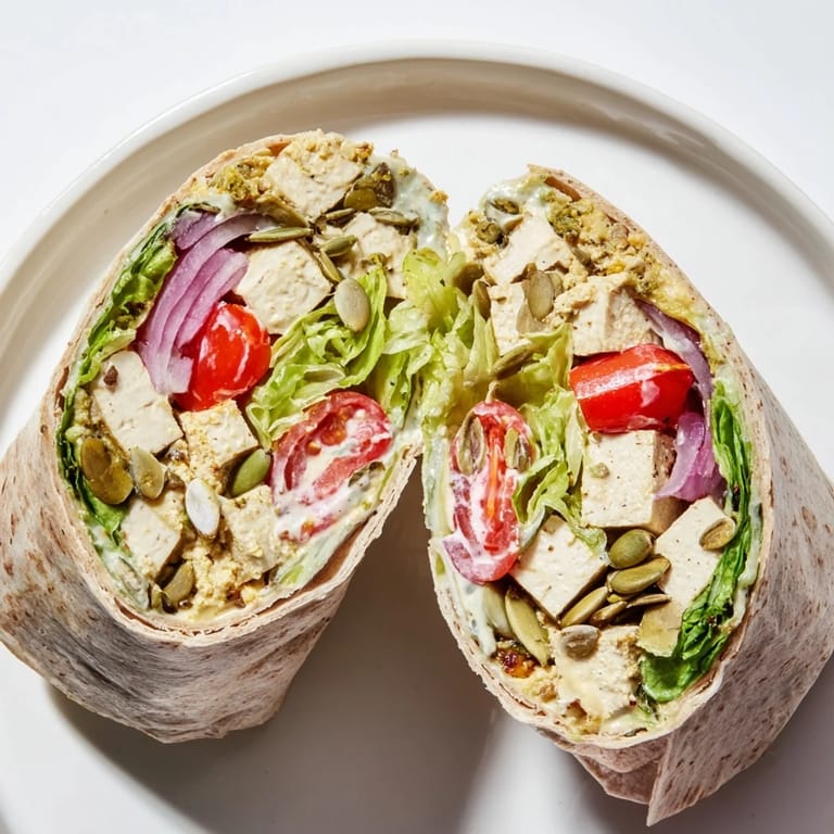 A close-up of a High-Protein Chicken-less Caesar Wrap ready to eat, with vibrant greens.