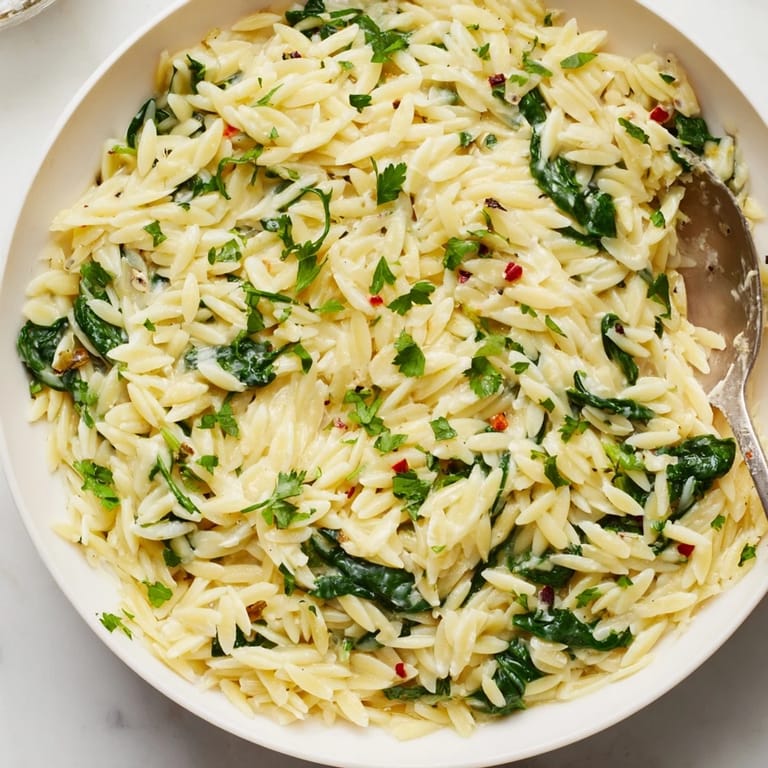 A close-up of One-Pot Creamy Orzo: a bubbling pot of orzo pasta with a creamy sauce.