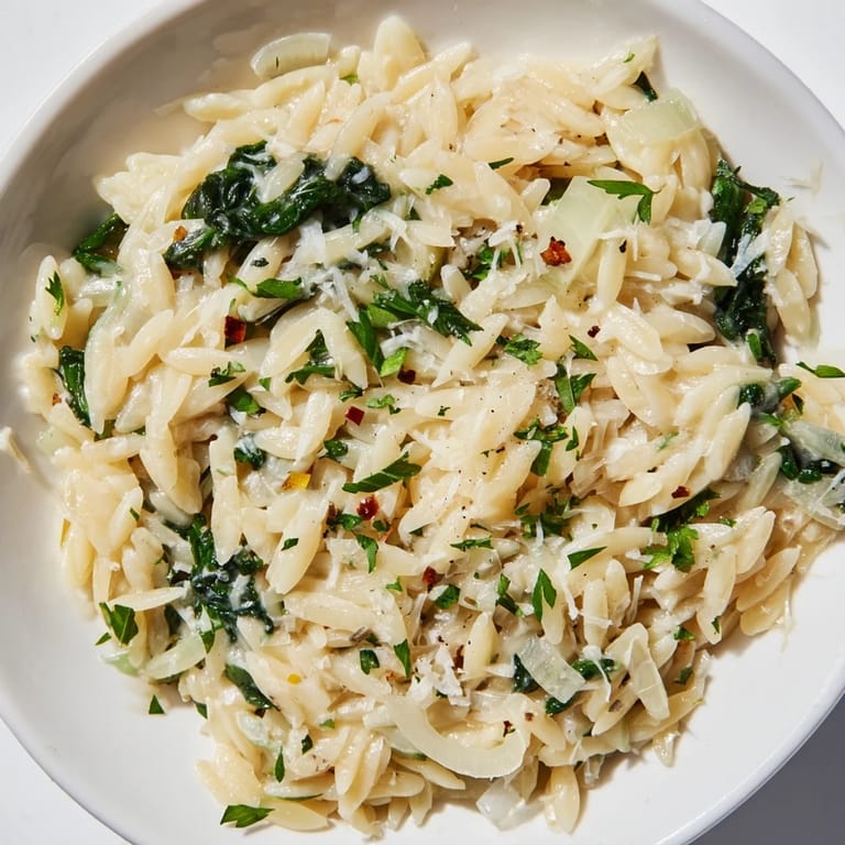 This one-pot creamy orzo recipe shows a comforting, creamy pasta with spinach and fresh parsley.
