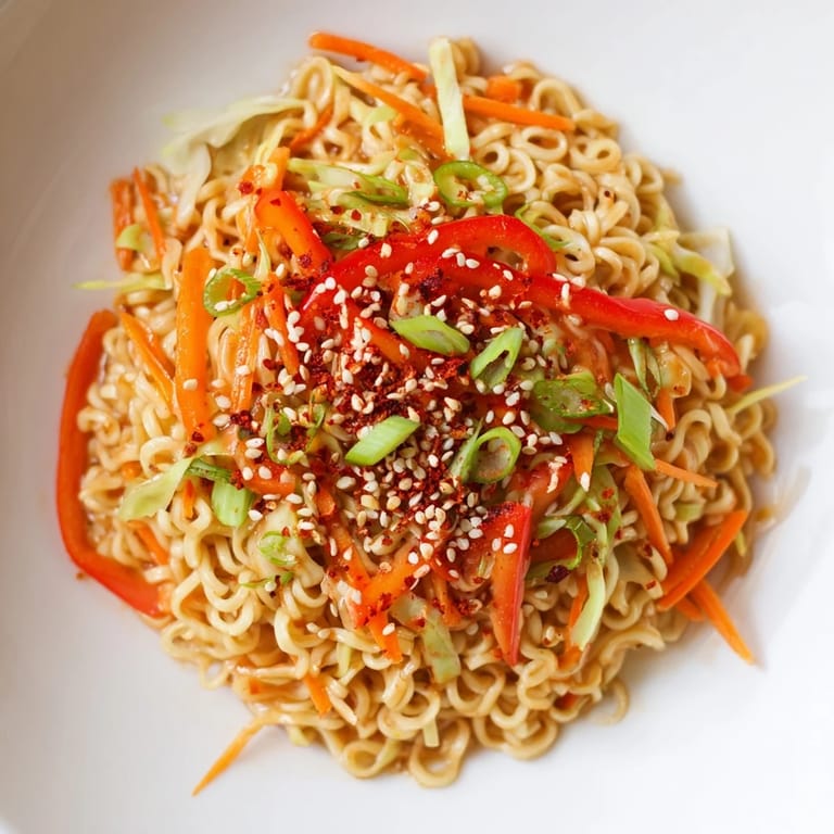 Vibrant Spicy Ramen Stir Fry topped with sesame seeds, inviting you to enjoy the savory flavors.