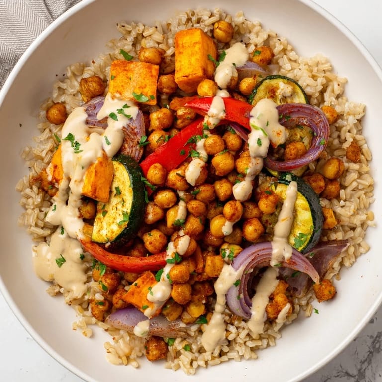 A close-up reveals the layers of a Roasted Chickpea Buddha Bowl, with creamy tahini sauce drizzled over fresh ingredients.