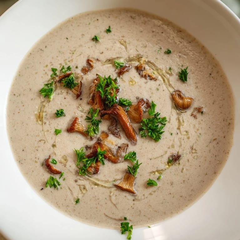 Ladle scooping thick and aromatic Creamy Mushroom Bisque; imagine the savory flavors.