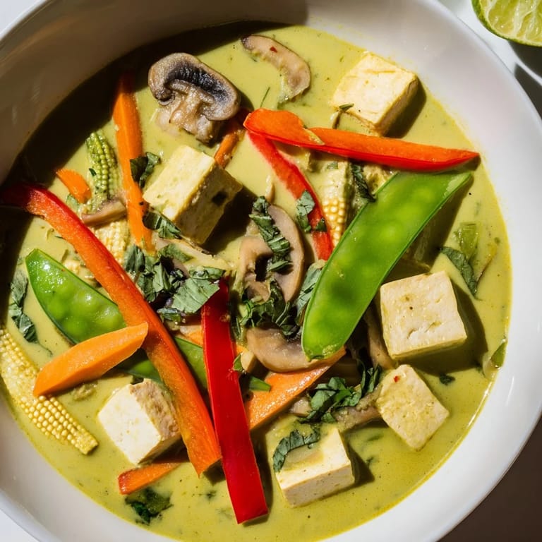 Enjoy a comforting bowl of spicy Thai Green Curry Coconut Soup, perfect with tofu or chicken.
