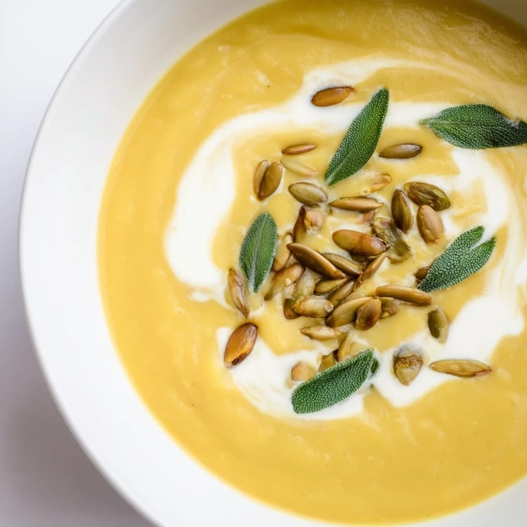 A close-up of vibrant orange butternut squash soup, a comforting American classic, ready to serve.