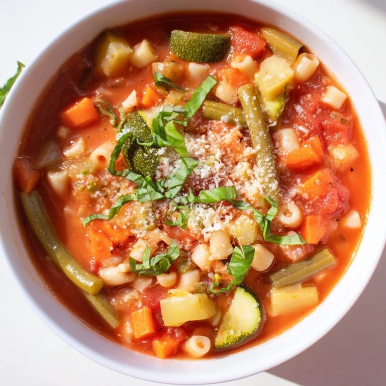 Fragrant and flavorful Italian Tomato Basil Minestrone soup, served hot, topped with fresh herbs.