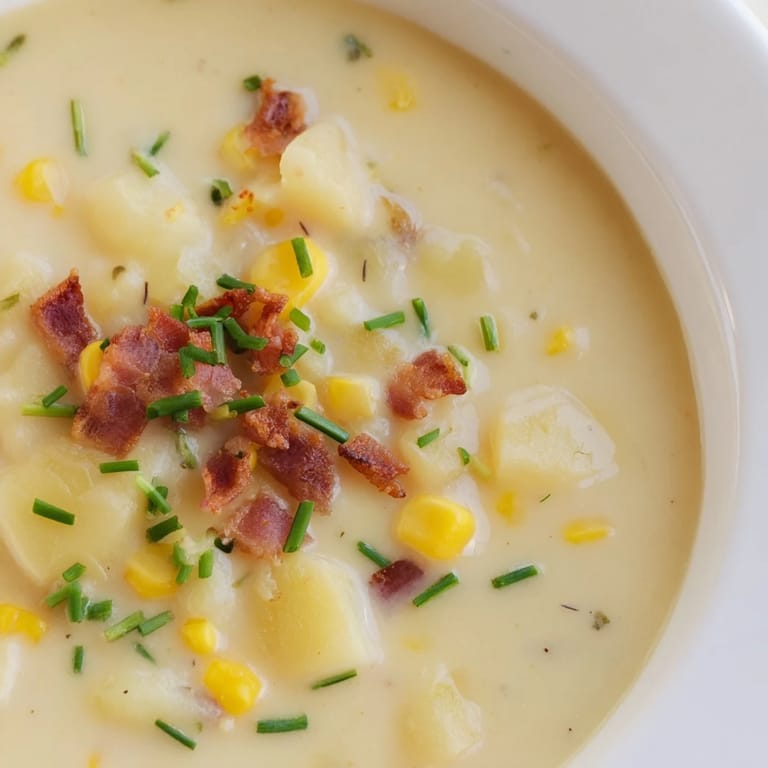 Creamy, flavorful corn chowder soup with visible chunks of potatoes and sweet corn kernels.