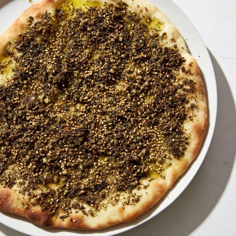 A close-up of freshly baked Levantine Zaatar Bread, with sesame seeds and olive oil glistening.